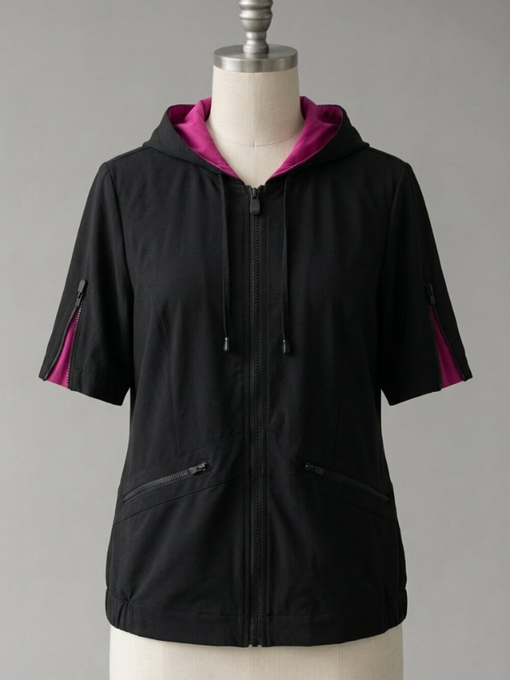 Chico’s | Zenergy Black & Pink Short Sleeve Hooded Zip Jacket Size 1 (Medium)
